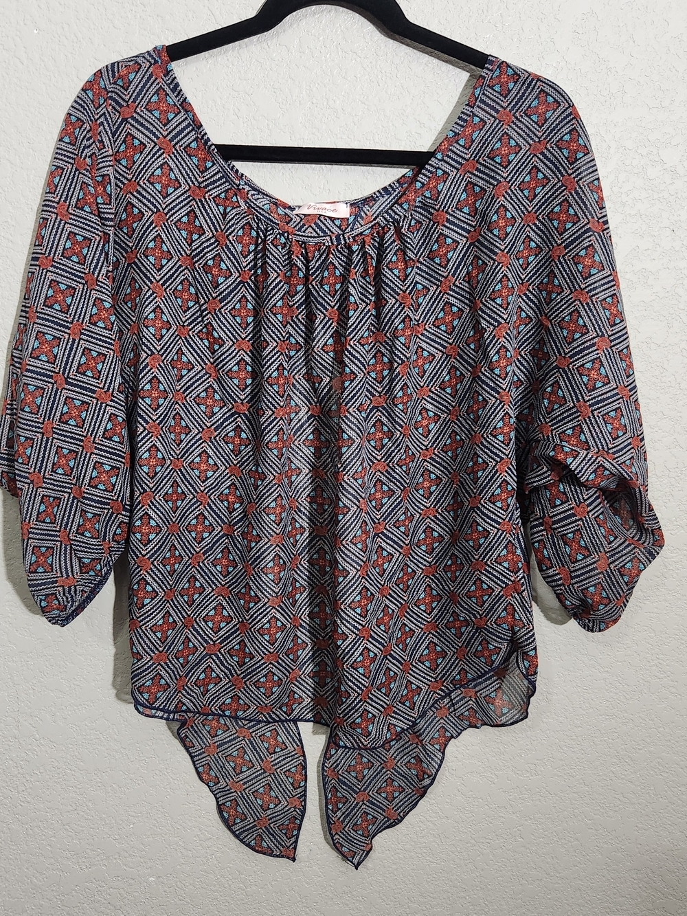 Vivace Geometric Scoop-Neck Blouse Red Blue Tie Lightweight USA made